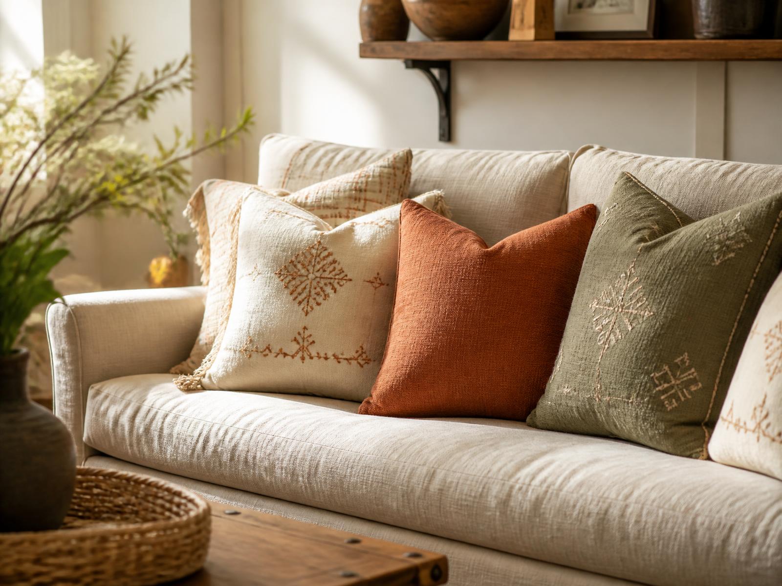Handmade throw pillows in cream, terracotta and sage styled on a linen sofa